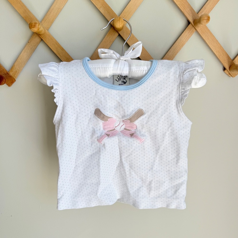 Luigi Kids Smocked Girls White Blue Polka Dot Baseball Bats Ruffle Sleeve Top 3T